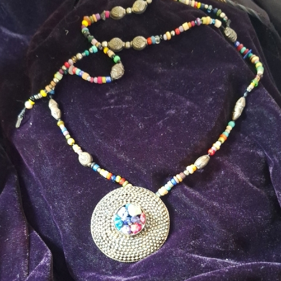 Multicolor Beaded Necklace with Silver Pendant - Picture 7 of 11